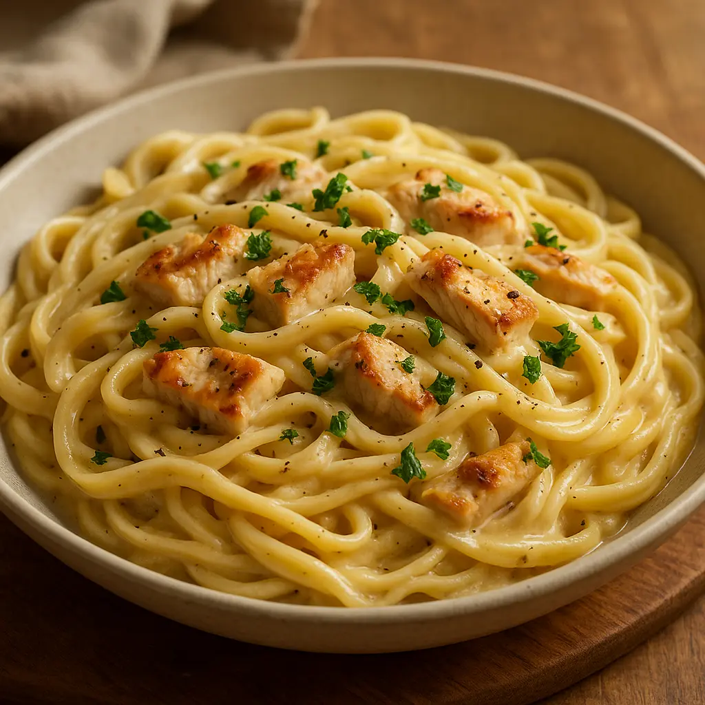 Un plato rico y cremoso de pasta de pollo Alfredo, adornado con perejil fresco.
