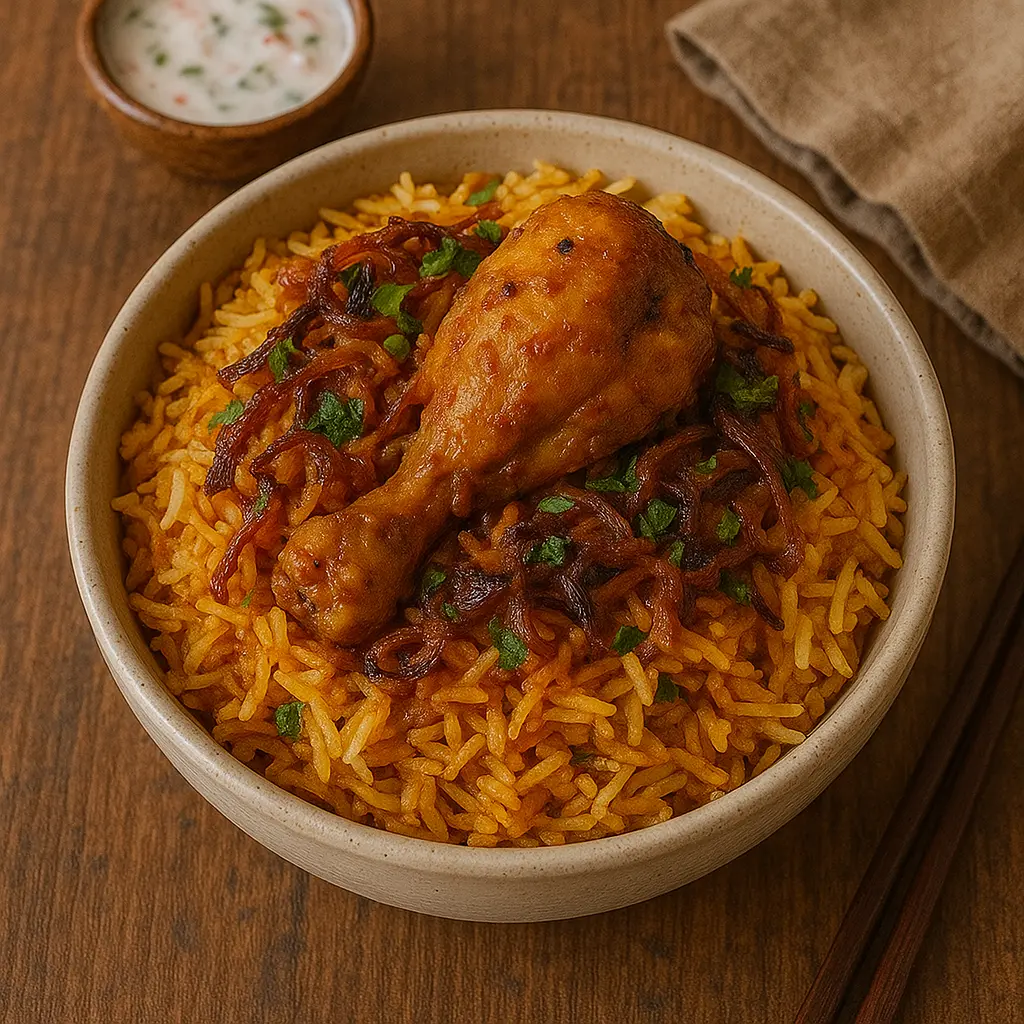 Un plato de aromático biryani de pollo con arroz basmati de grano largo, pollo tierno y adornado con cebollas fritas.