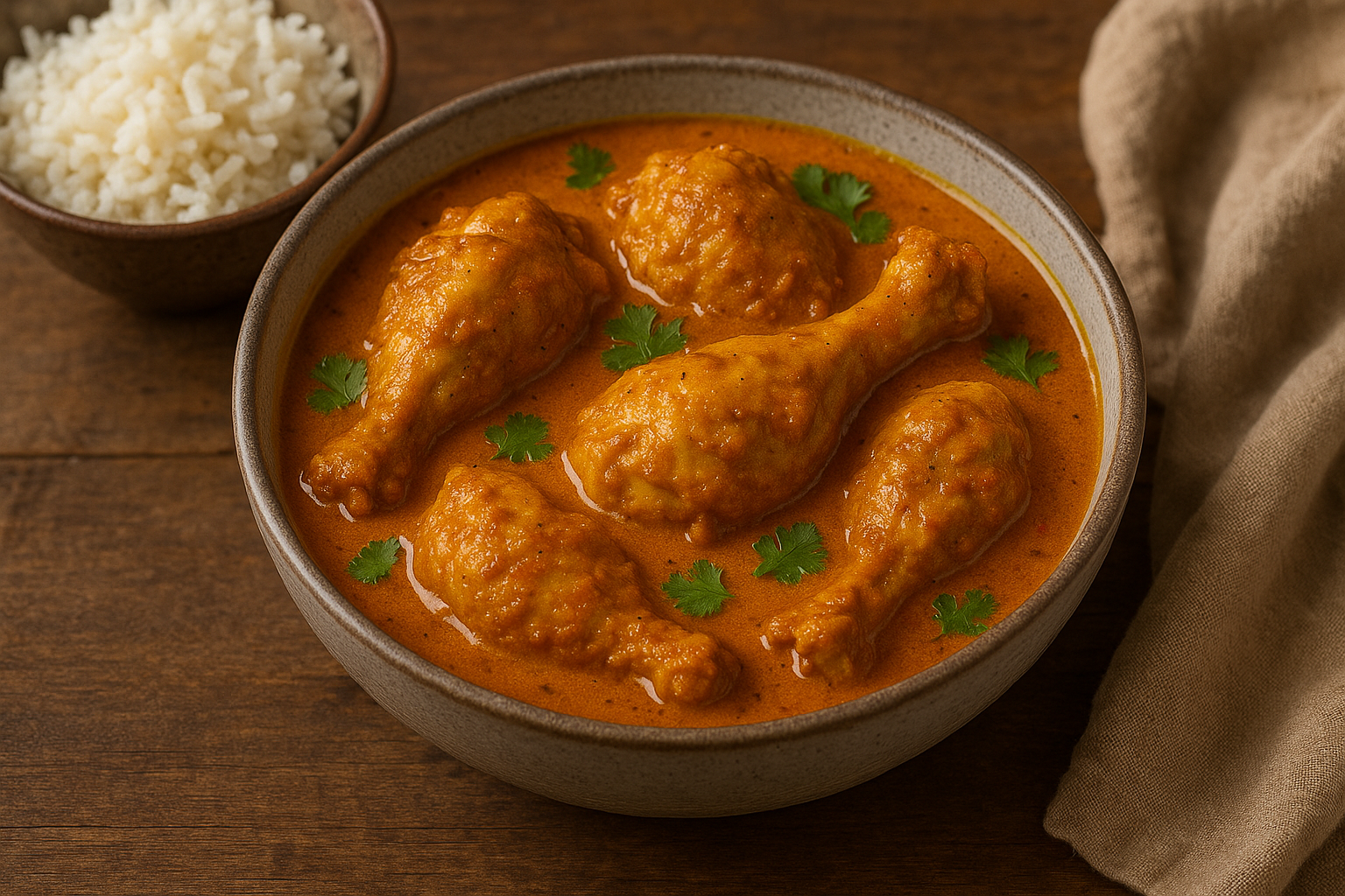 A bowl of homemade chicken curry with a rich, yellow sauce, served with white rice.