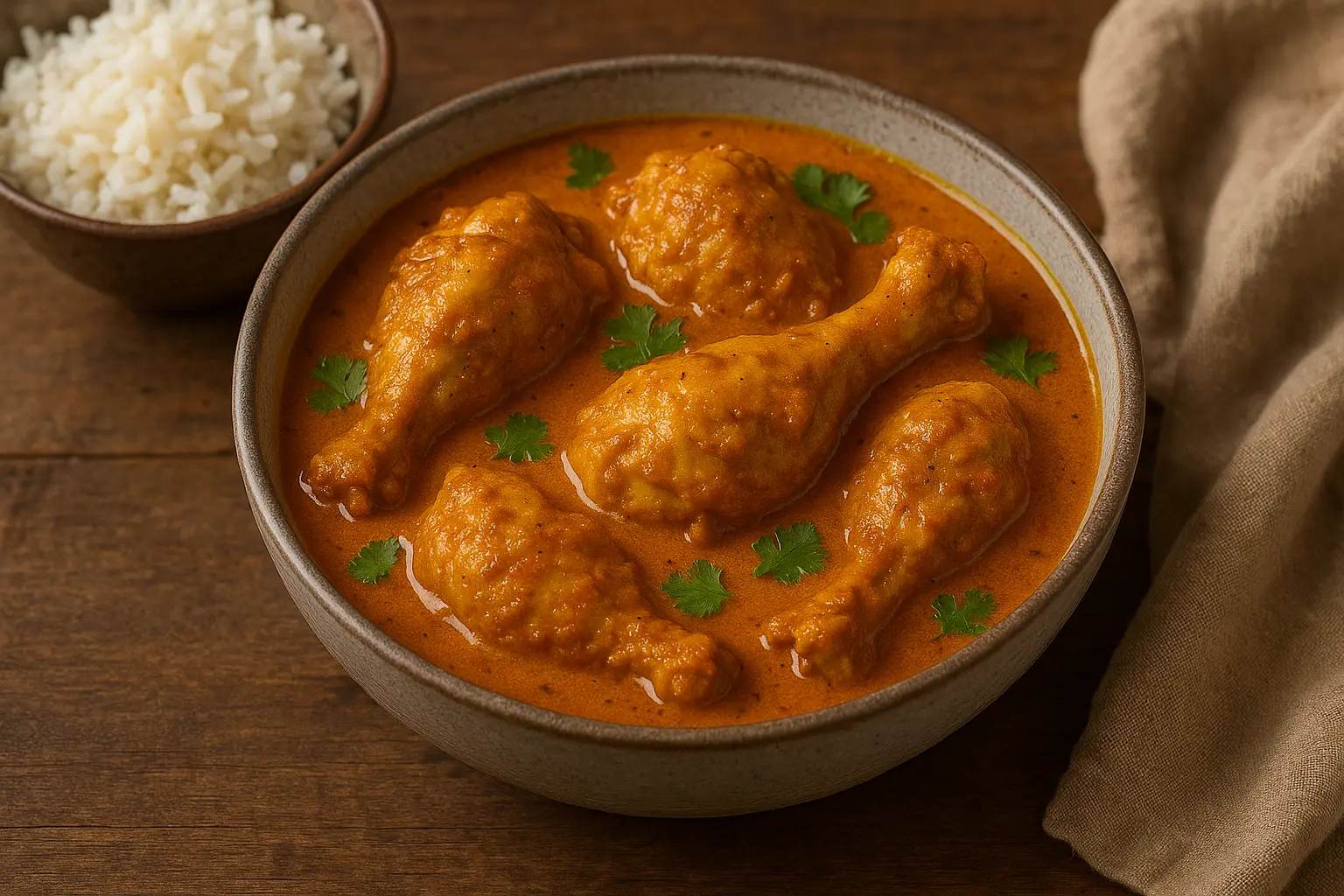 A bowl of rich and aromatic chicken curry with a side of basmati rice.