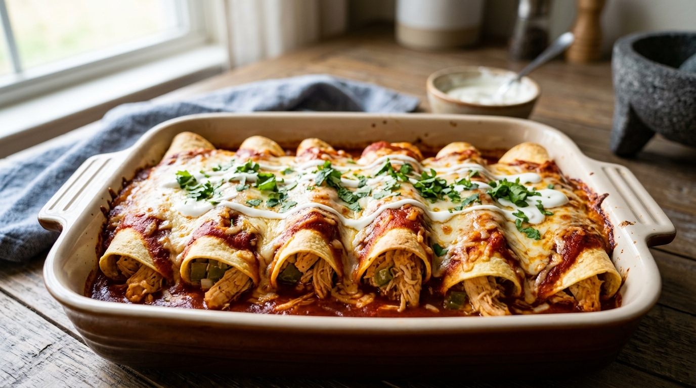 Überbackene Hühnchen-Enchiladas in roter Sauce, mit Koriander garniert.