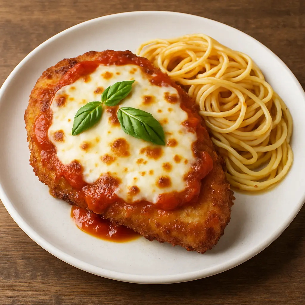 Un filete de pollo a la parmesana dorado cubierto con salsa marinara y mozzarella derretida, adornado con albahaca fresca.