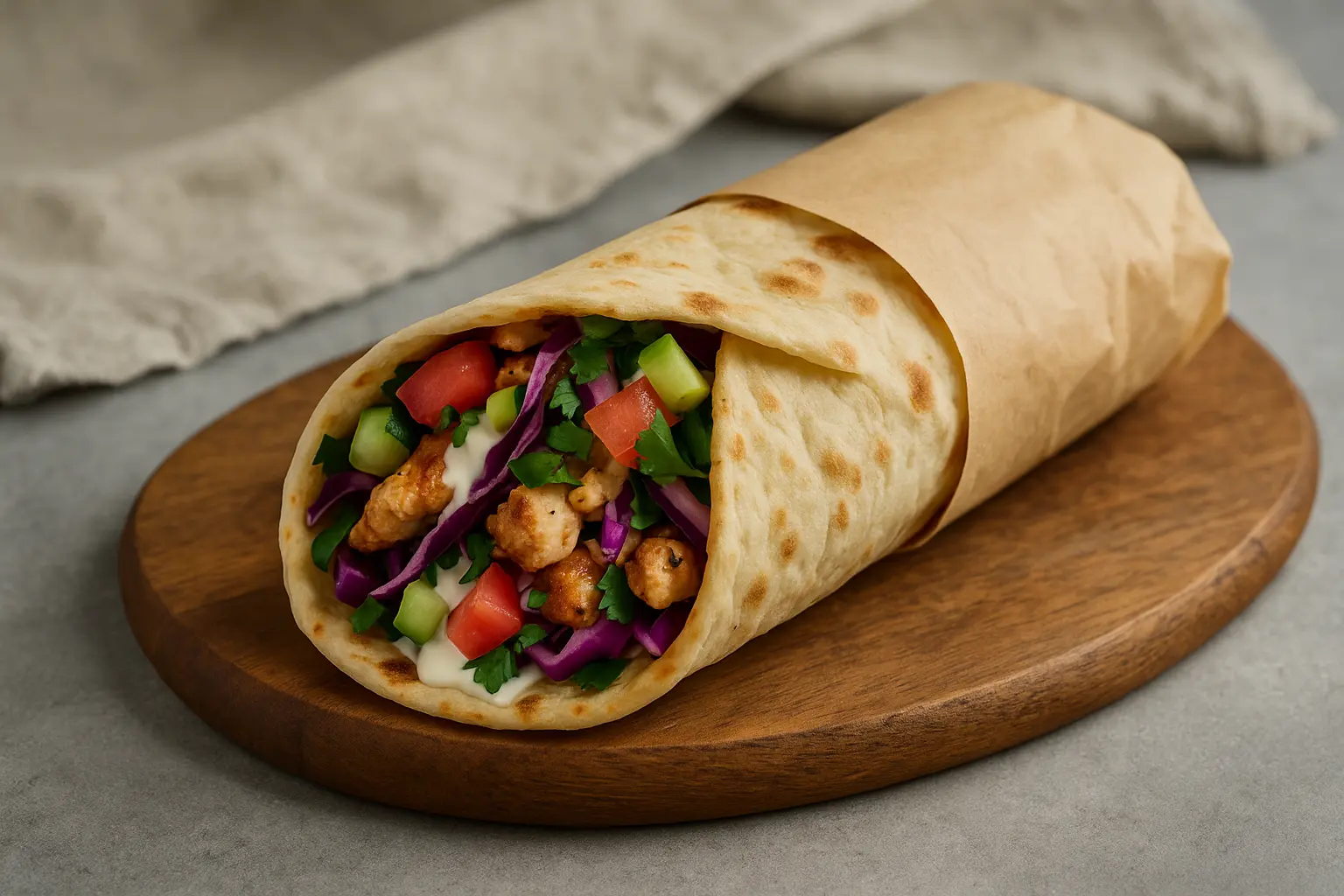 A pita wrap filled with sliced chicken shawarma, fresh vegetables, and tahini sauce.