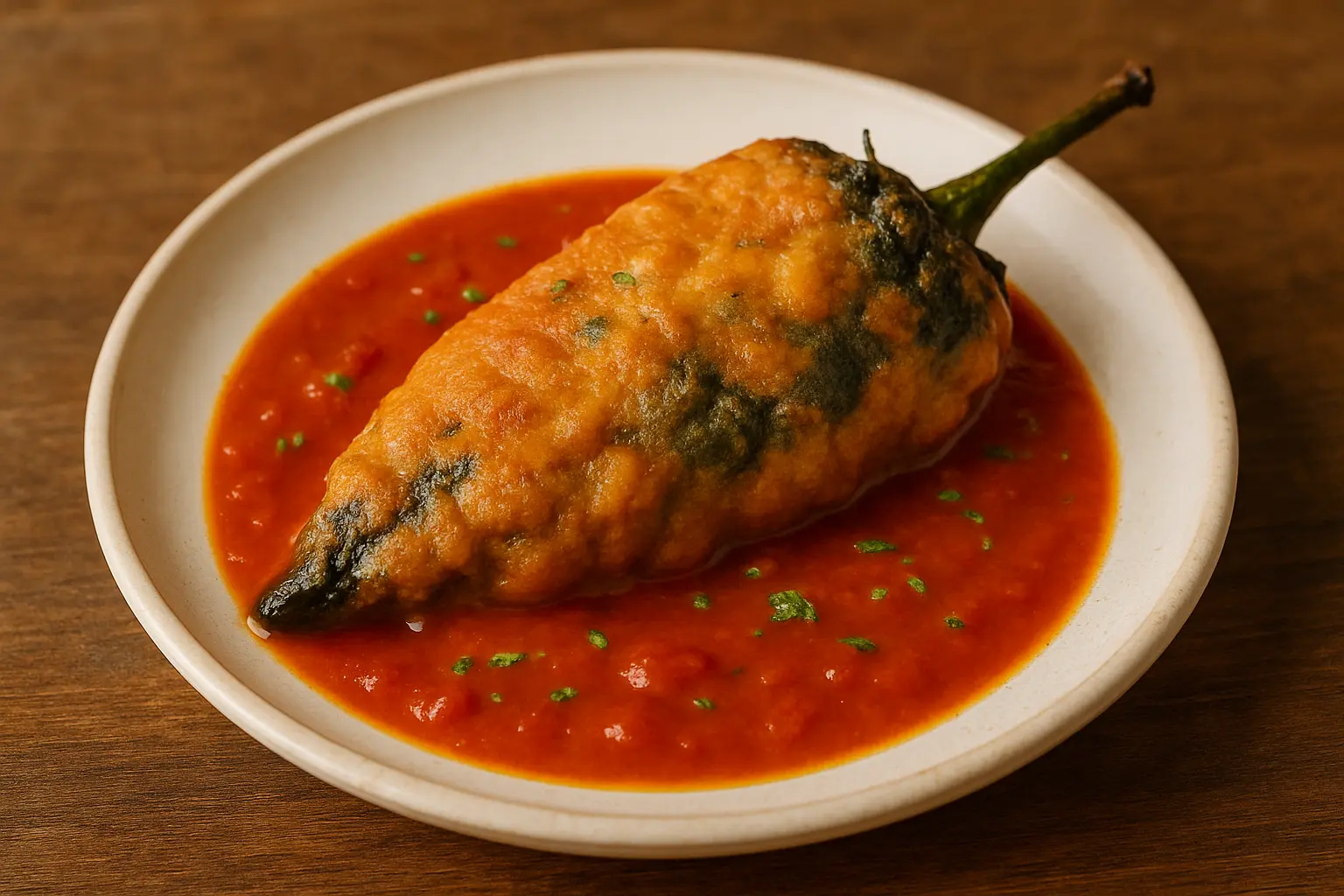 Un plato de Chiles Rellenos, con uno cortado para mostrar el relleno de queso derretido.
