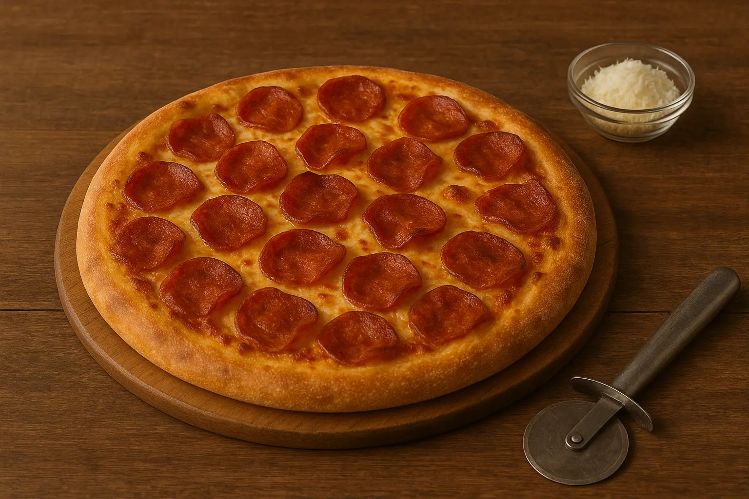 Una pizza de pepperoni entera recién salida del horno, con queso burbujeante y una masa dorada.