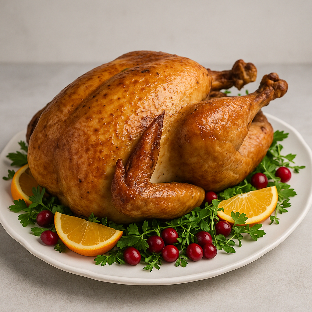 A perfectly roasted Christmas turkey on a platter, garnished with herbs and ready to be carved for a holiday feast.