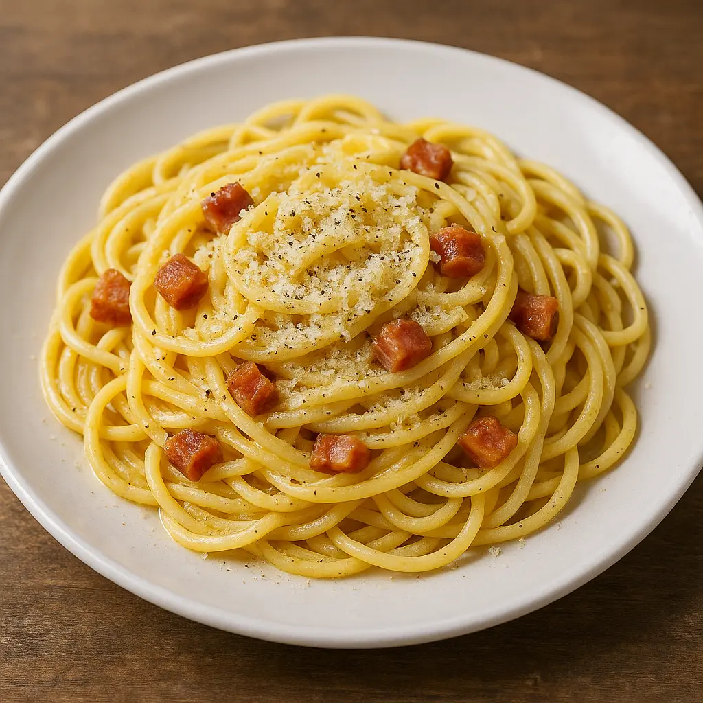 Un primer plano de espagueti carbonara en un bol blanco, adornado con perejil y queso rallado.