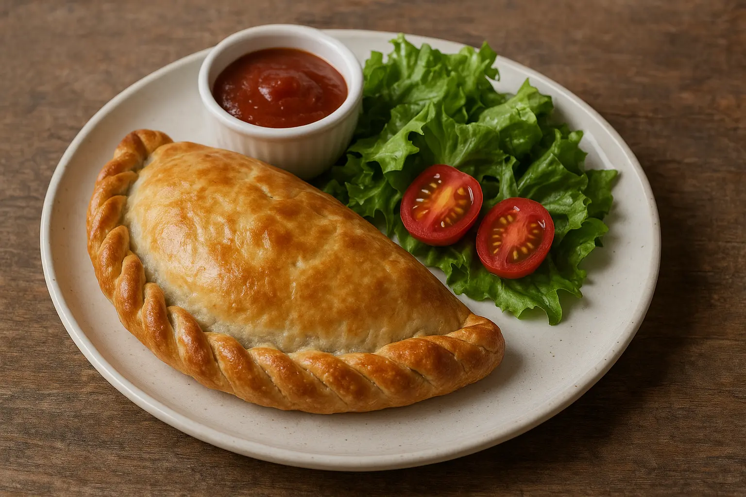 A golden-brown Cornish pasty with a crimped edge.