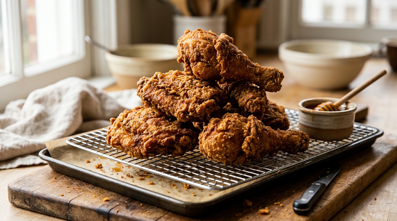 Golden crispy Southern fried chicken pieces stacked on a wire rack with hot honey.