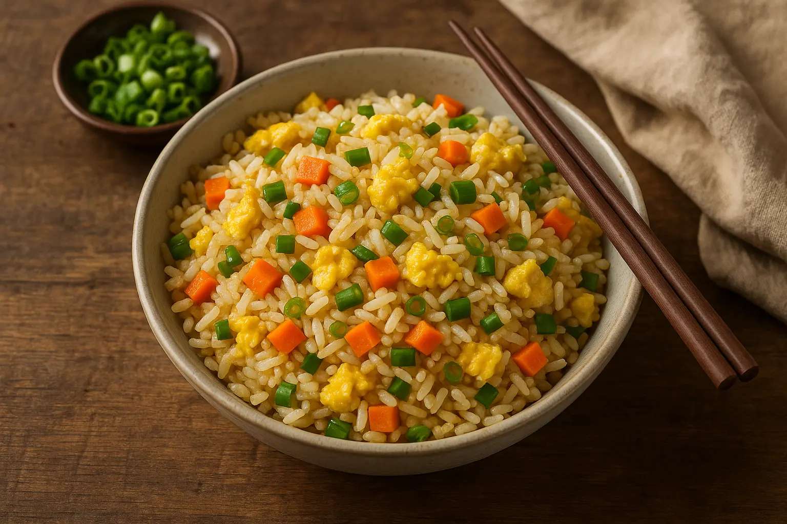 Un wok lleno de esponjoso arroz frito con huevo, mezclado con guisantes, zanahorias y cebolletas.