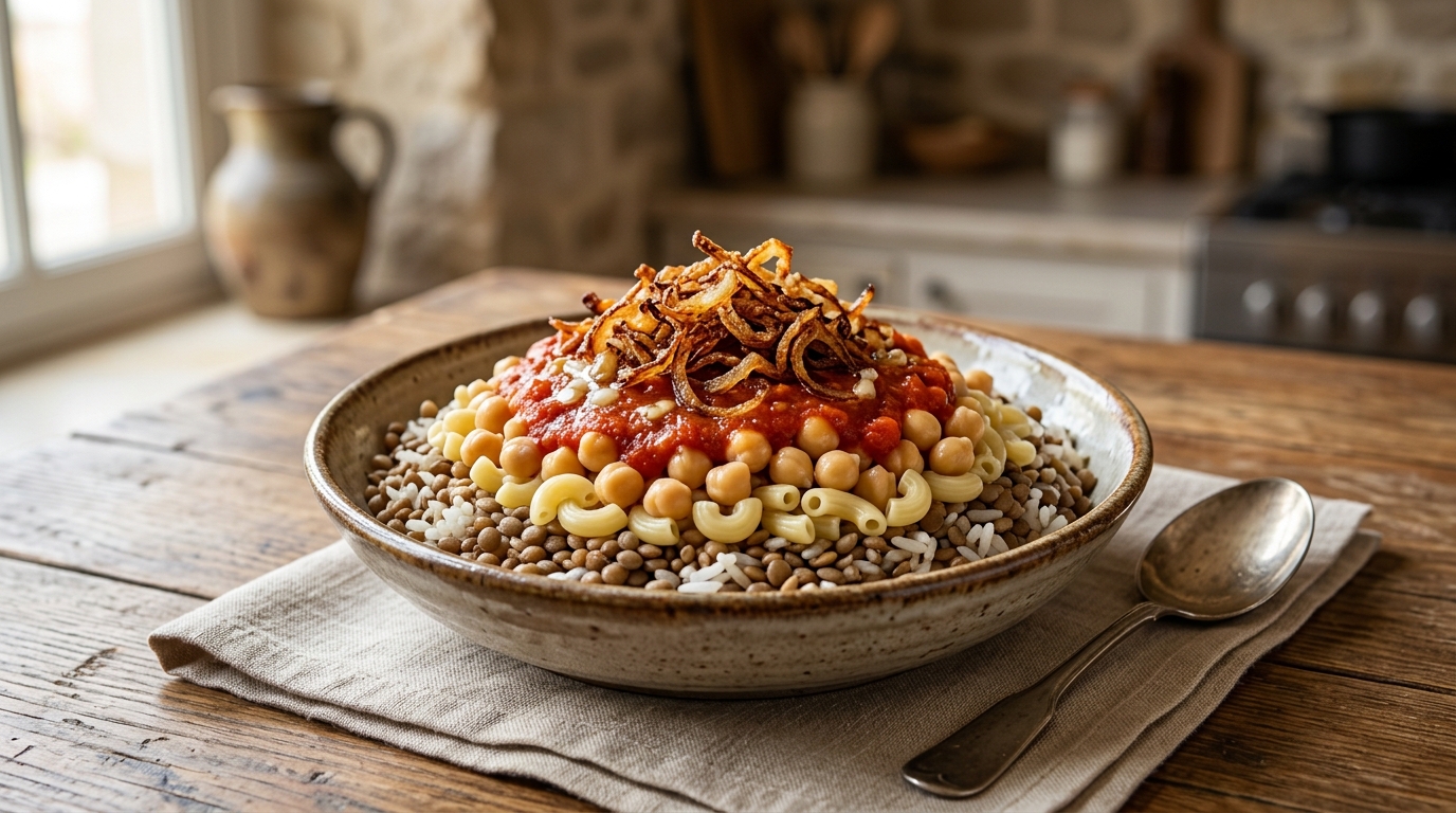 Schale mit geschichtetem ägyptischem Koshari, gekrönt mit Tomatensauce und knusprigen frittierten Zwiebeln.