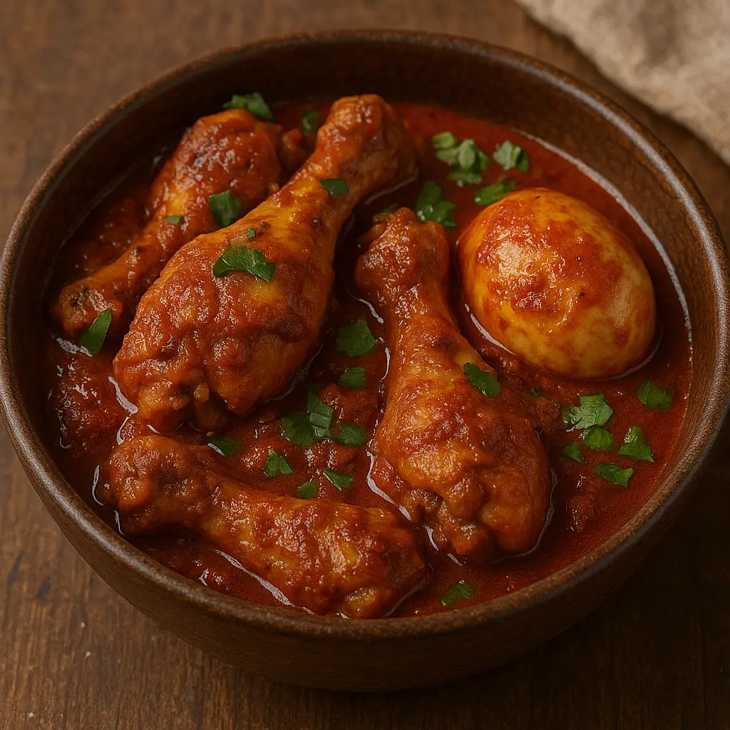 Un rico estofado de pollo etíope Doro Wat de color rojo oscuro servido con huevos duros.