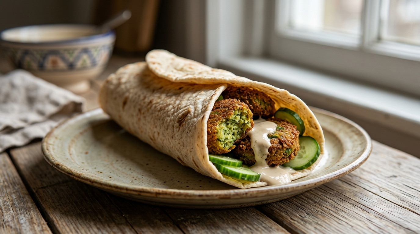 Falafel-Wrap gefüllt mit grünen Kräuterfalafel, Gurken und Tahini-Sauce.