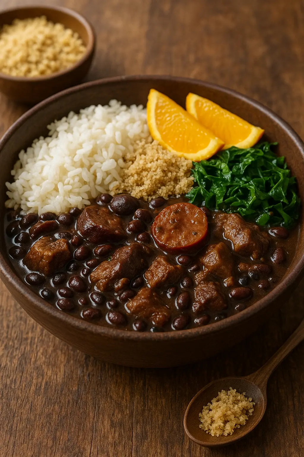 Una olla grande de feijoada rica y oscura, un guiso brasileño de frijoles negros y carne.