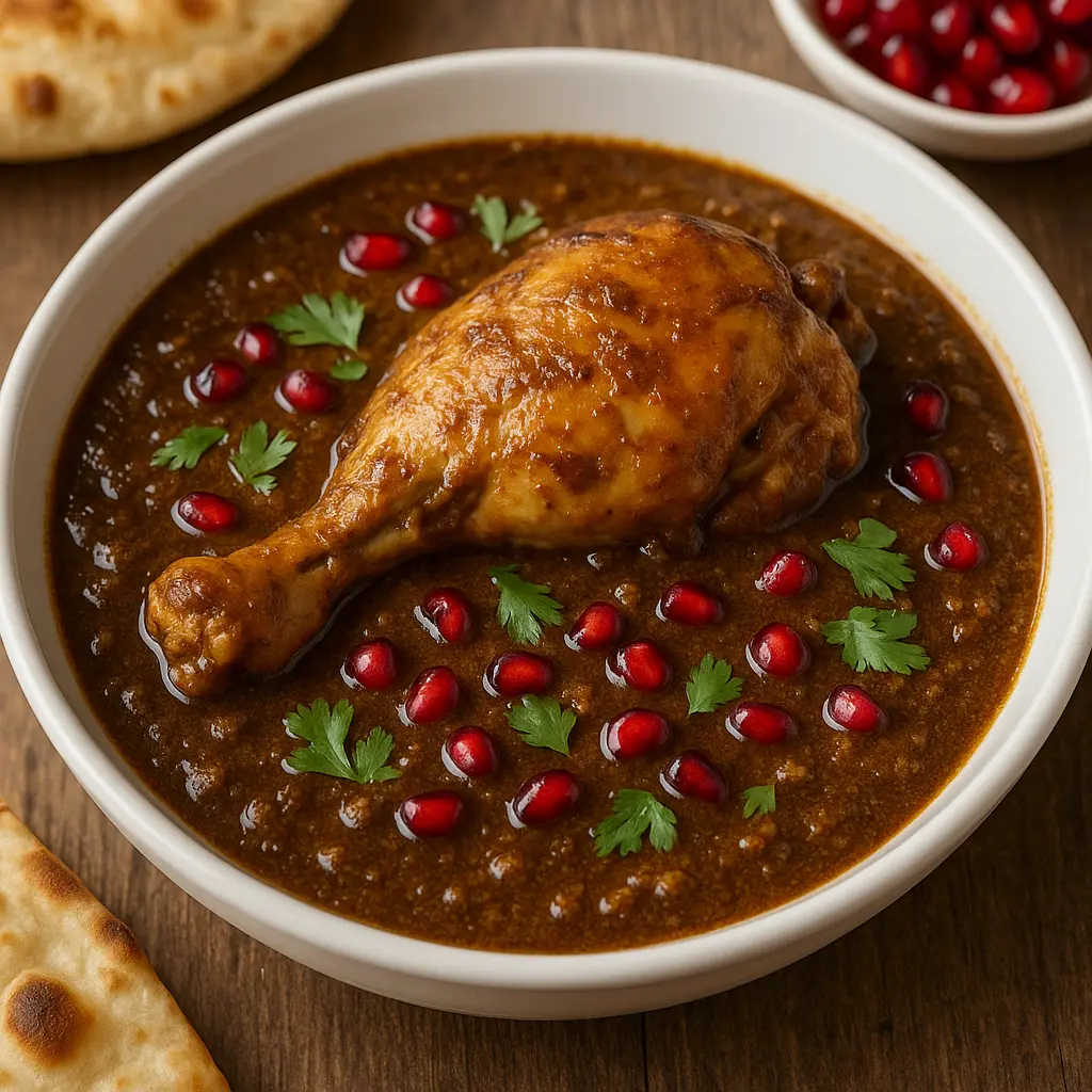 A bowl of rich, dark Persian Fesenjan stew with chicken, garnished with pomegranate seeds.