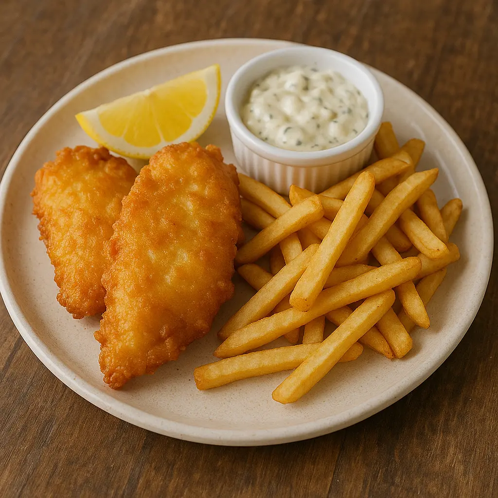 Una comida británica clásica de pescado rebozado en cerveza y papas fritas, servida en papel de periódico.