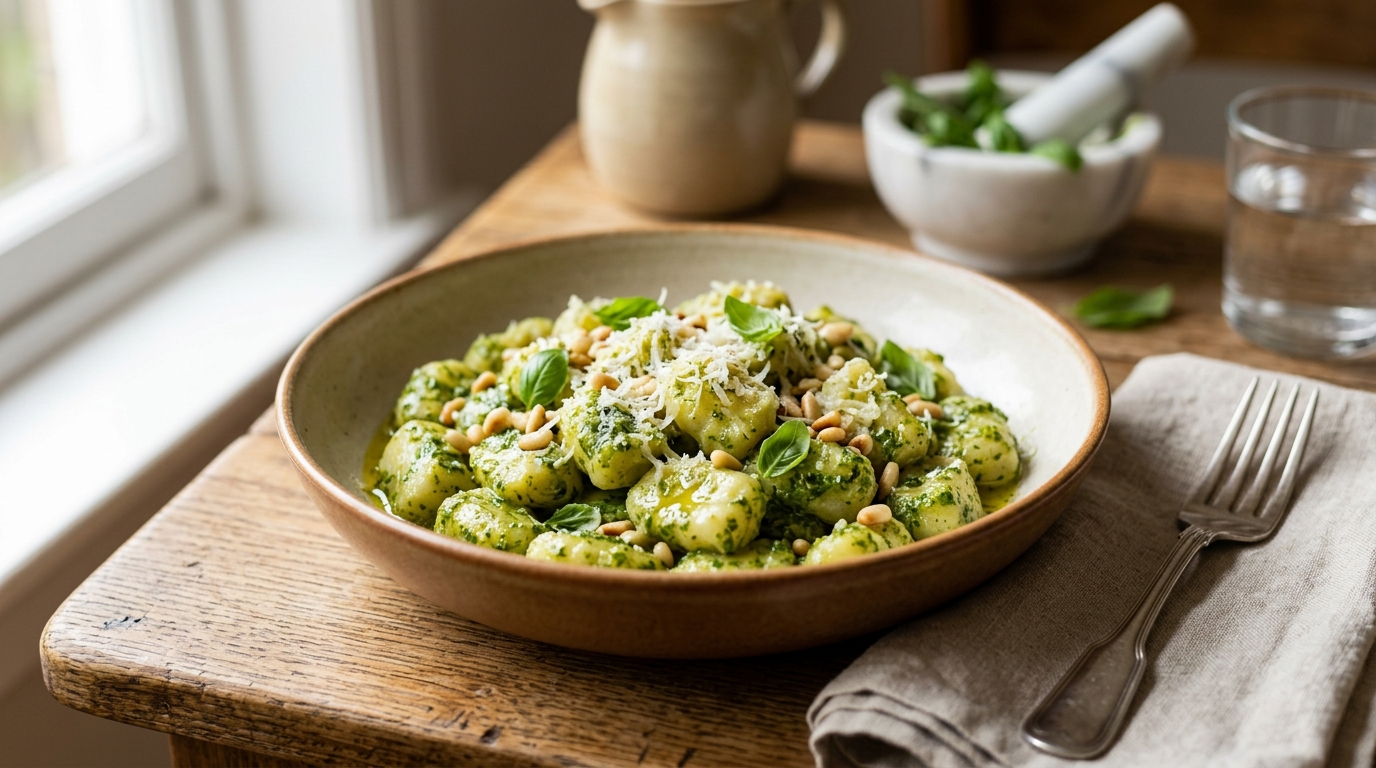 Gnocchi de pommes de terre tendres enrobés de pesto au basilic vert vif.