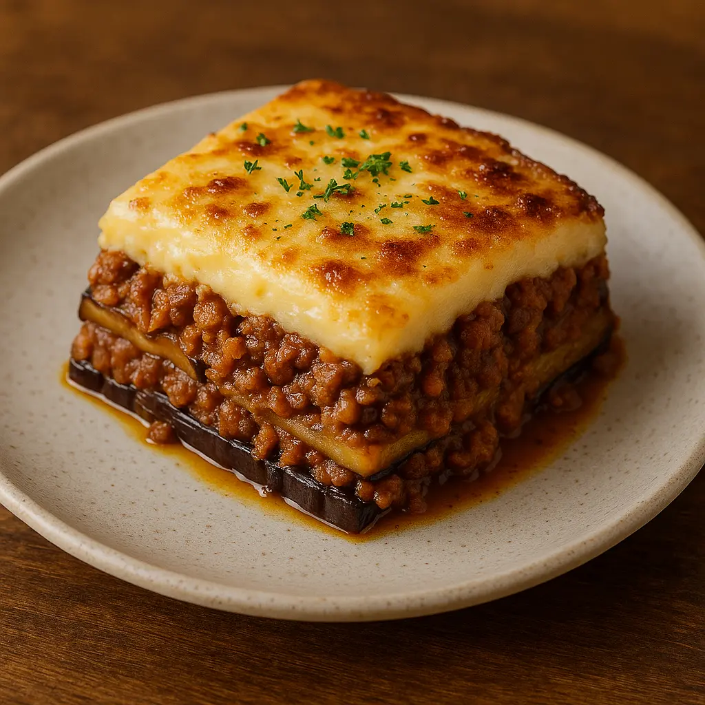 Una rebanada de moussaka griega que muestra capas de berenjena, salsa de carne y una capa superior gruesa y cremosa de bechamel.