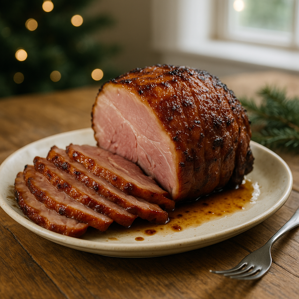 A whole baked Christmas ham with a shiny honey glaze and a diamond pattern studded with cloves.