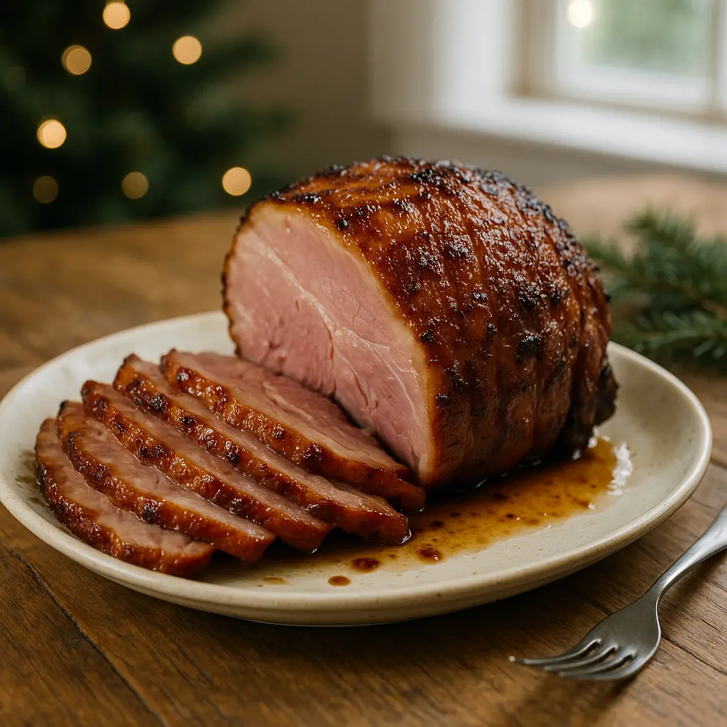 Un magnífico jamón glaseado con miel salpicado de clavos, listo para ser servido en una fiesta de Navidad.