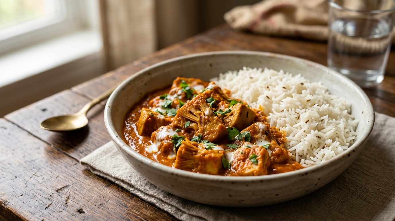Curry de yaca tikka masala de color naranja intenso servido con arroz basmati.