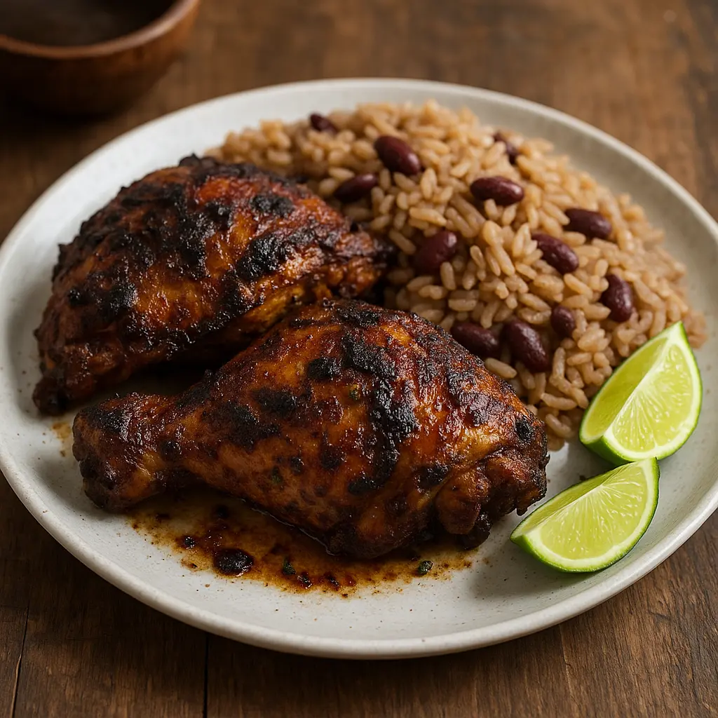 Pollo Jerk jamaicano perfectamente asado a la parrilla con un exterior carbonizado.