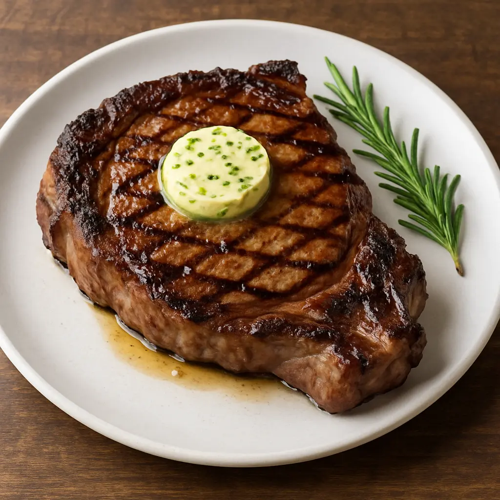 Un bistec ribeye perfectamente cocido, en rodajas para mostrar un interior rosado, con ajo y tomillo.
