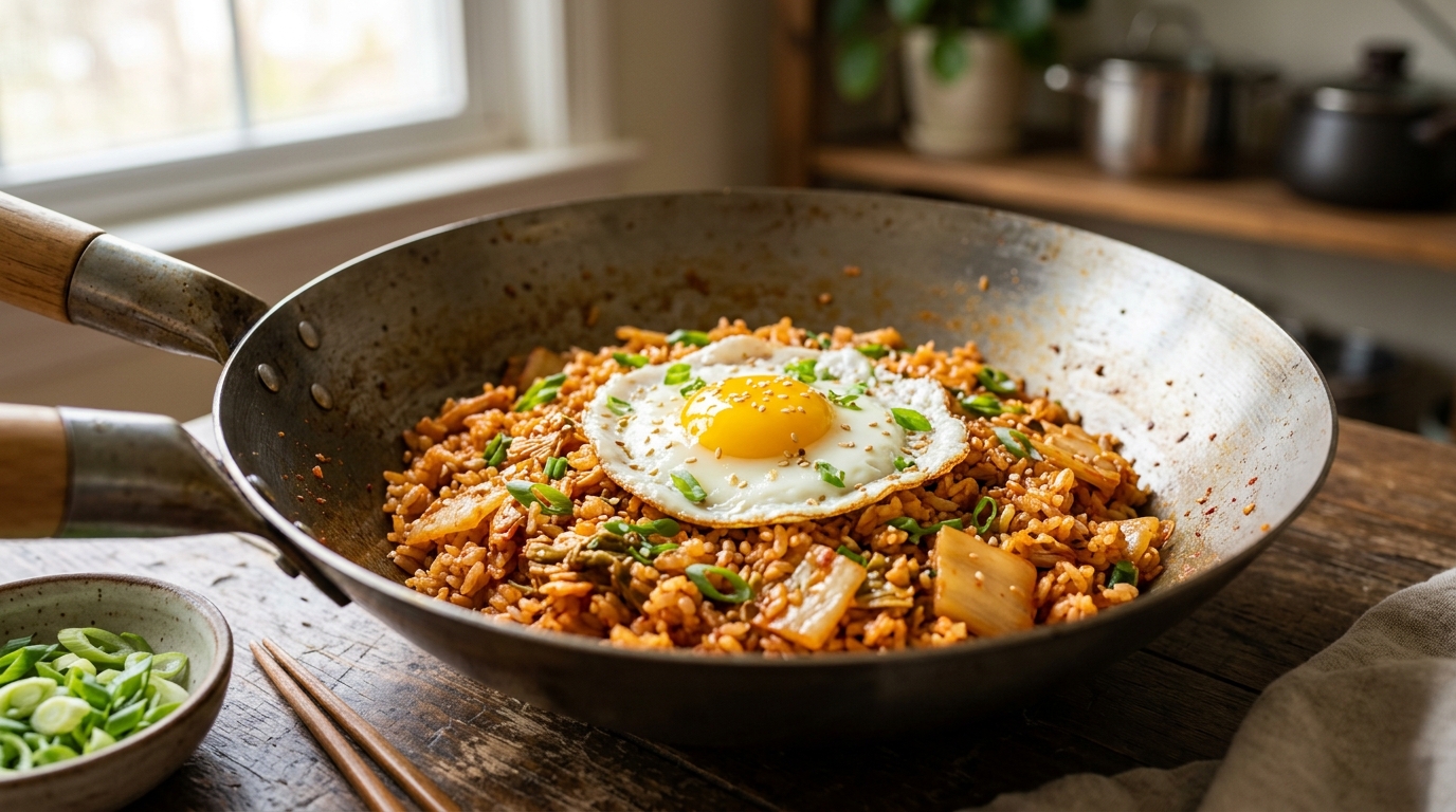 Arroz frito con kimchi en una sartén cubierto con un huevo frito y semillas de sésamo.