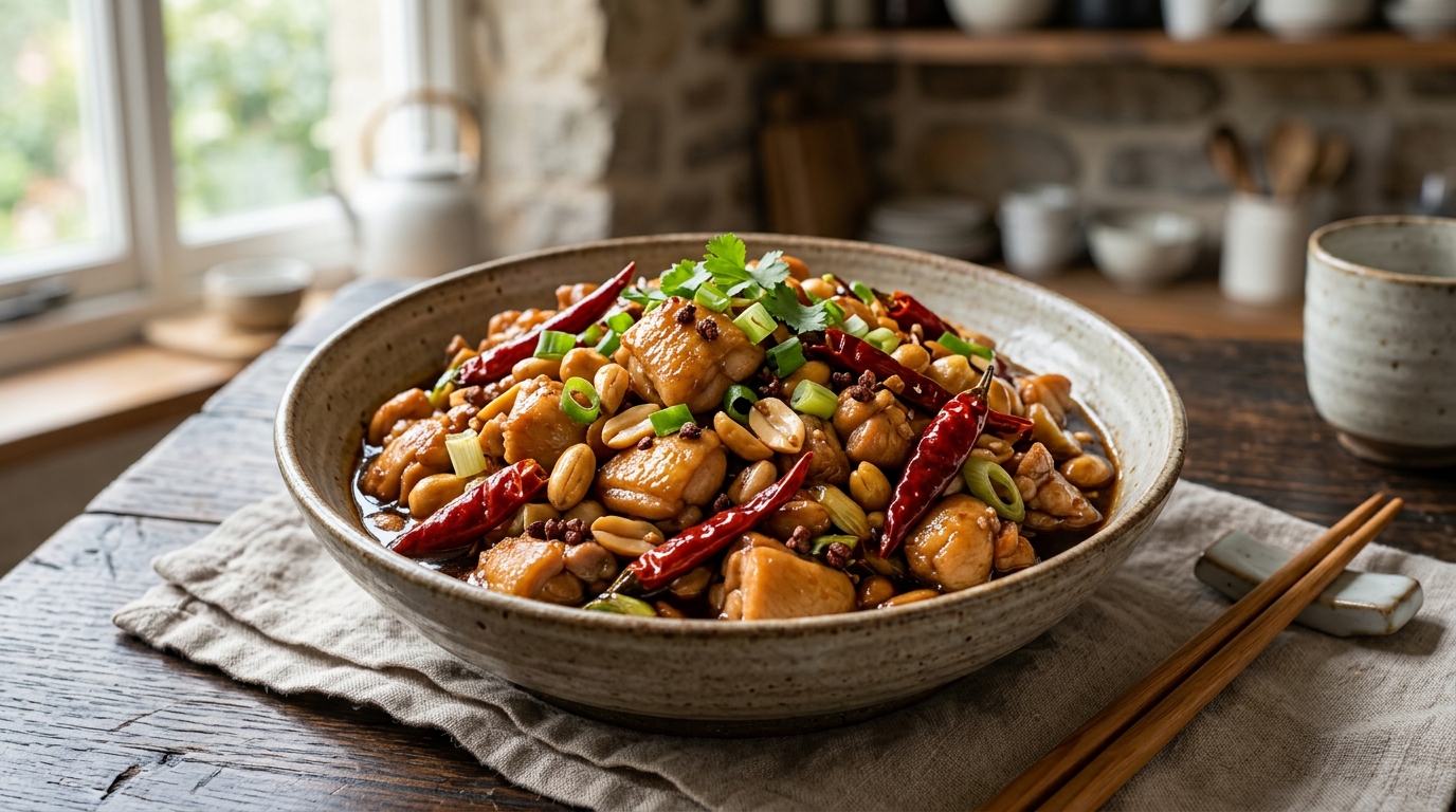 Soffritto di pollo Kung Pao con arachidi tostate e peperoncini rossi secchi.