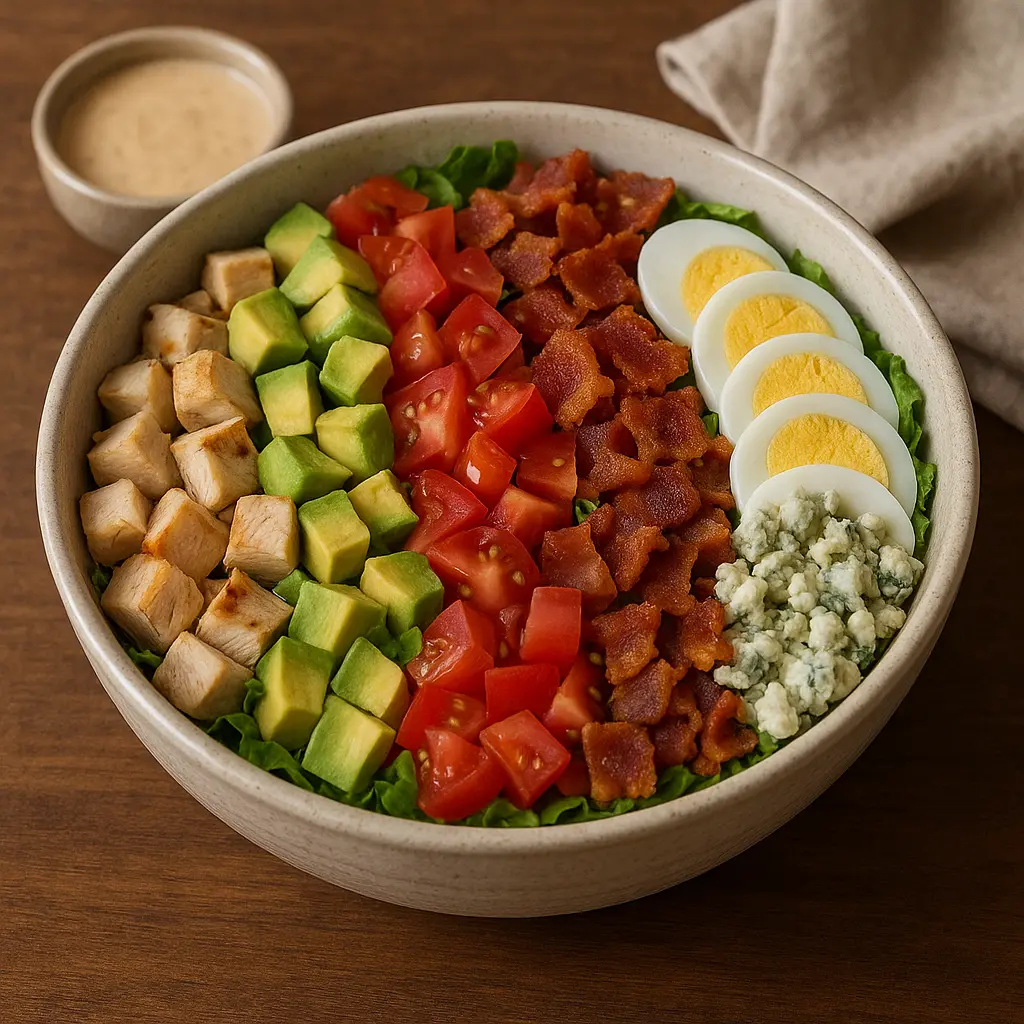 Una fuente grande mostrando una ensalada Cobb con sus ingredientes dispuestos en filas ordenadas.