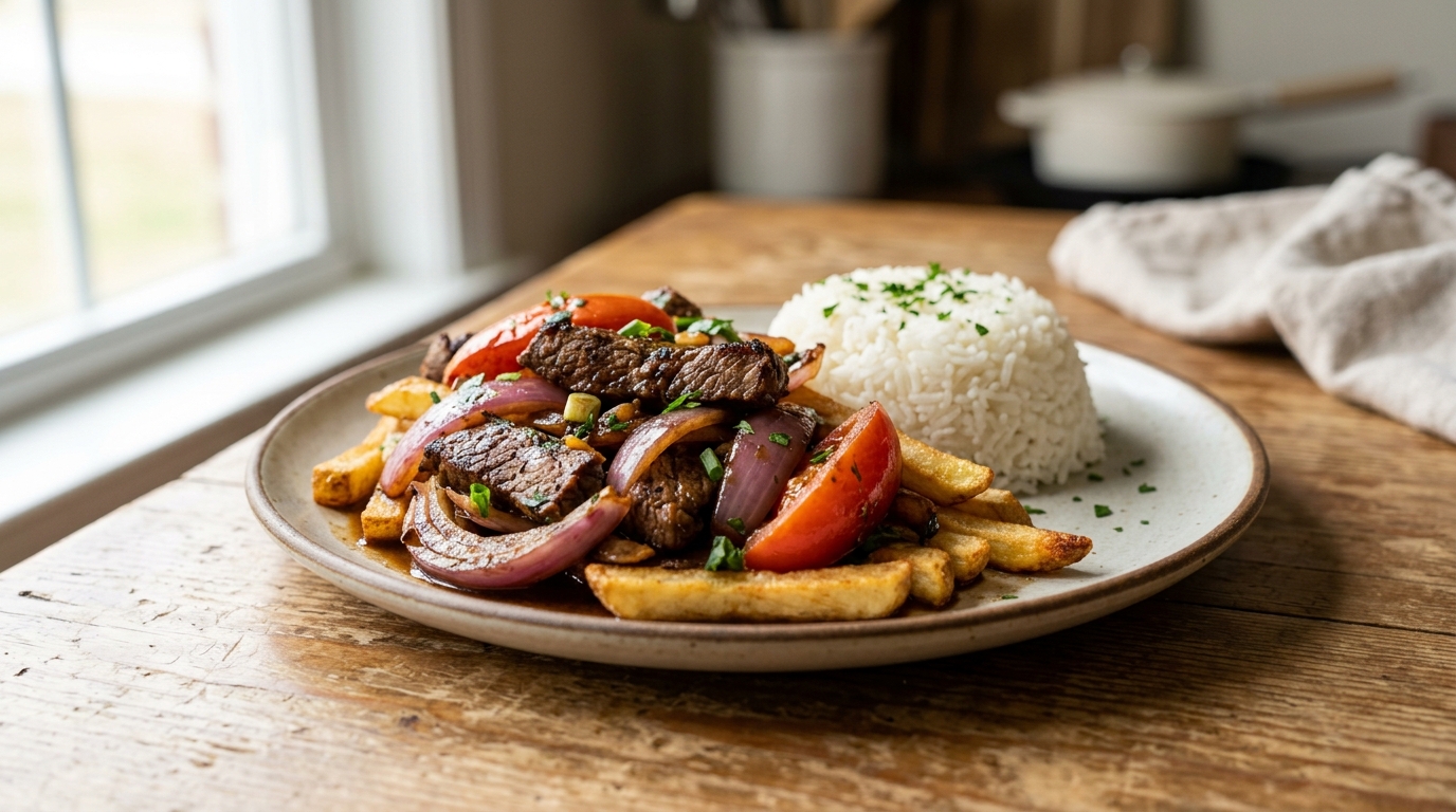 Peruanisches Lomo Saltado: Rindfleisch-Wokgericht mit Tomaten und Pommes frites.