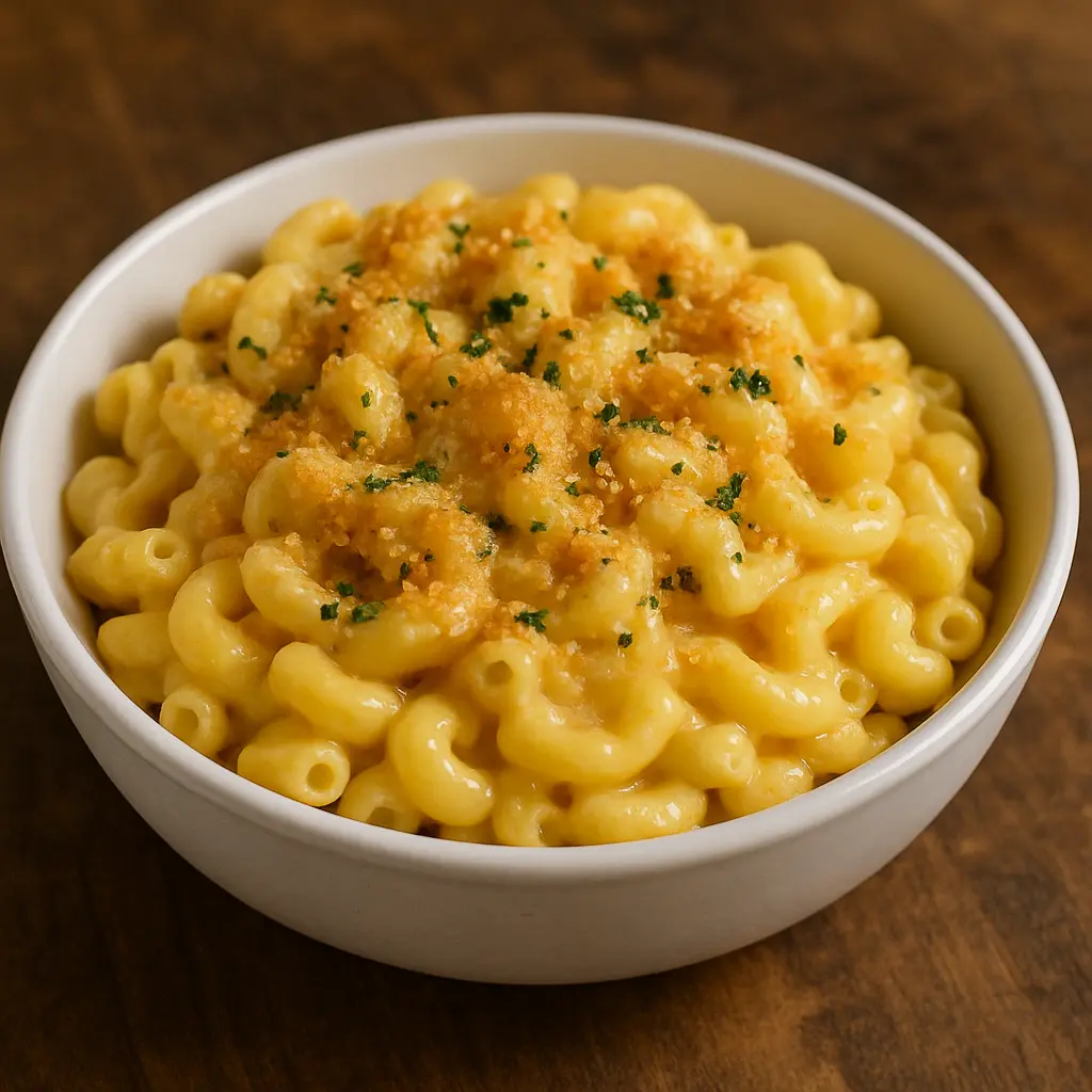 A baking dish of creamy macaroni and cheese with a golden-brown breadcrumb topping.