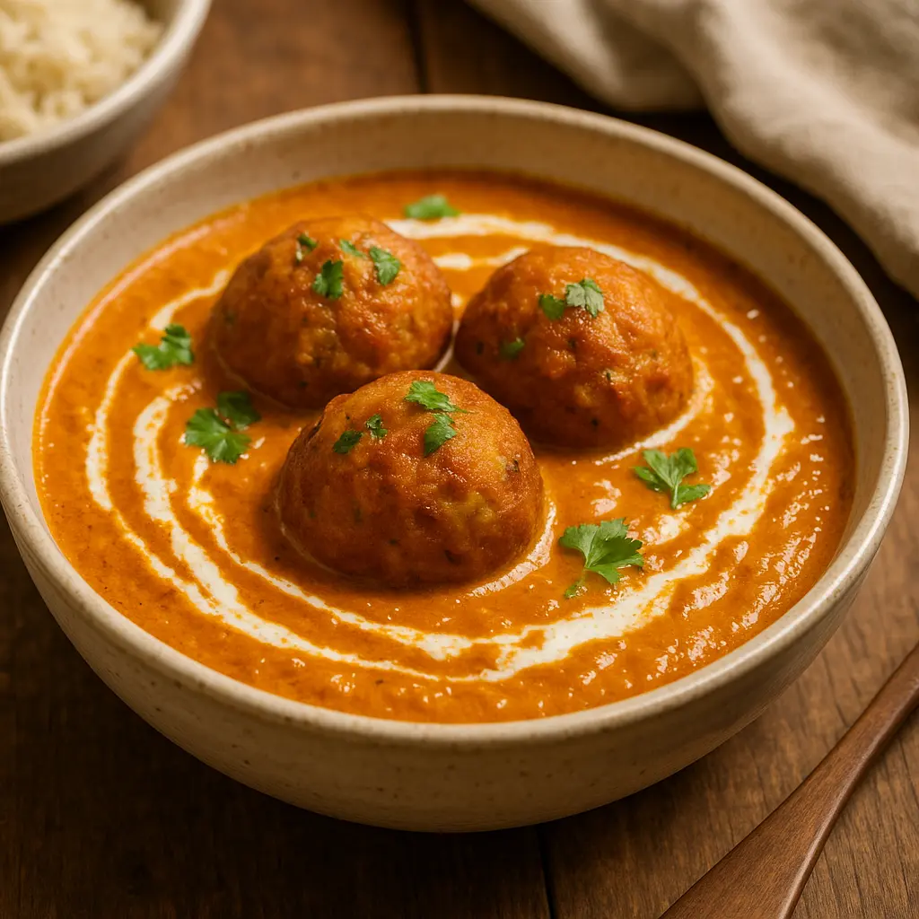 Un tazón de Malai Kofta cremoso con una rica salsa naranja y albóndigas de paneer flotando.