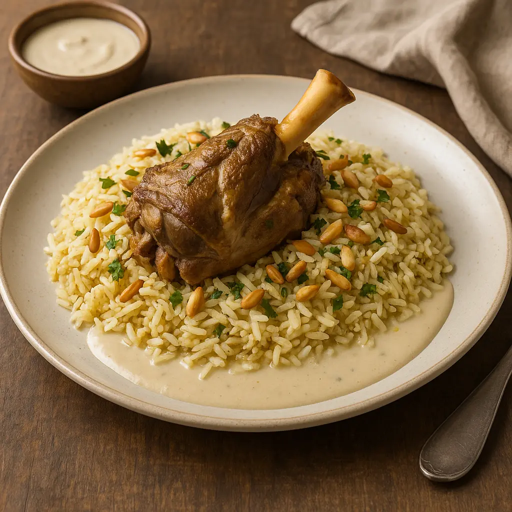 Una fuente grande de Mansaf jordano con cordero y arroz, adornado con frutos secos tostados.