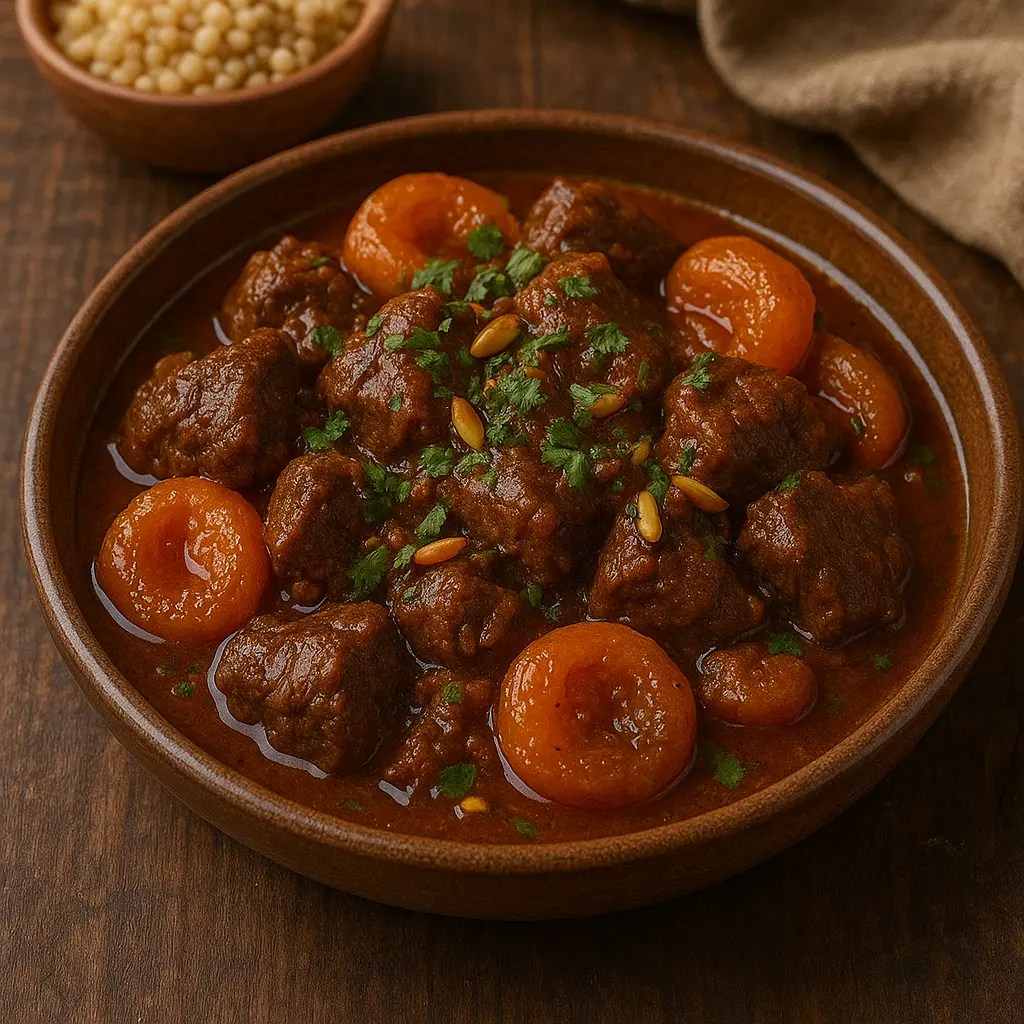 Un tagine de cordero marroquí rico y aromático con albaricoques y almendras.