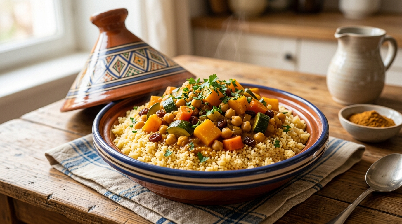 Marokkanischer Gemüsecouscous wird in einer traditionellen Tajine-Schale serviert.