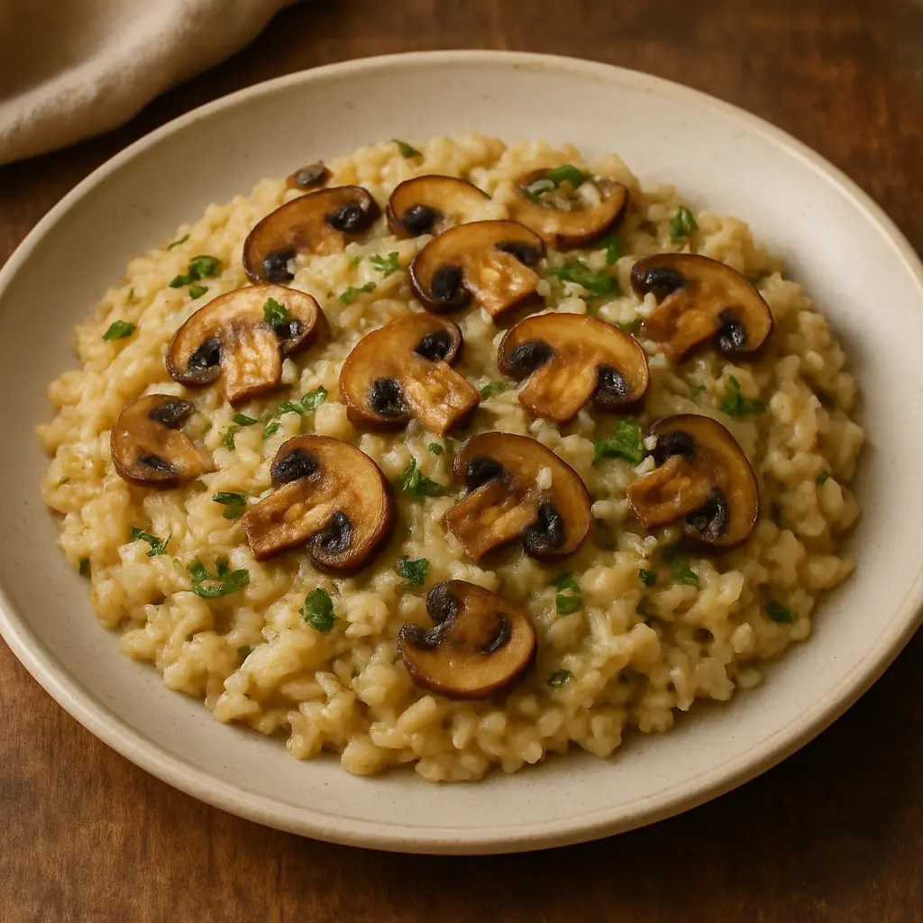 Un tazón cremoso de risotto de champiñones, adornado con perejil fresco y láminas de queso parmesano.