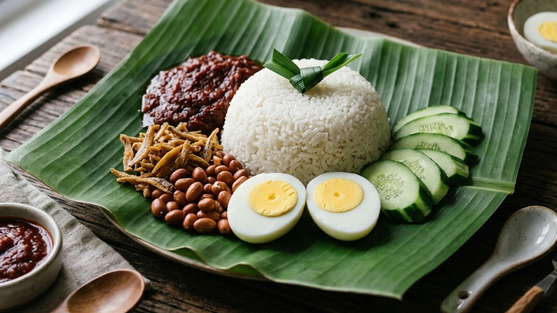 Piatto malese di Nasi Lemak con riso al cocco, sambal, acciughe, arachidi e uovo.