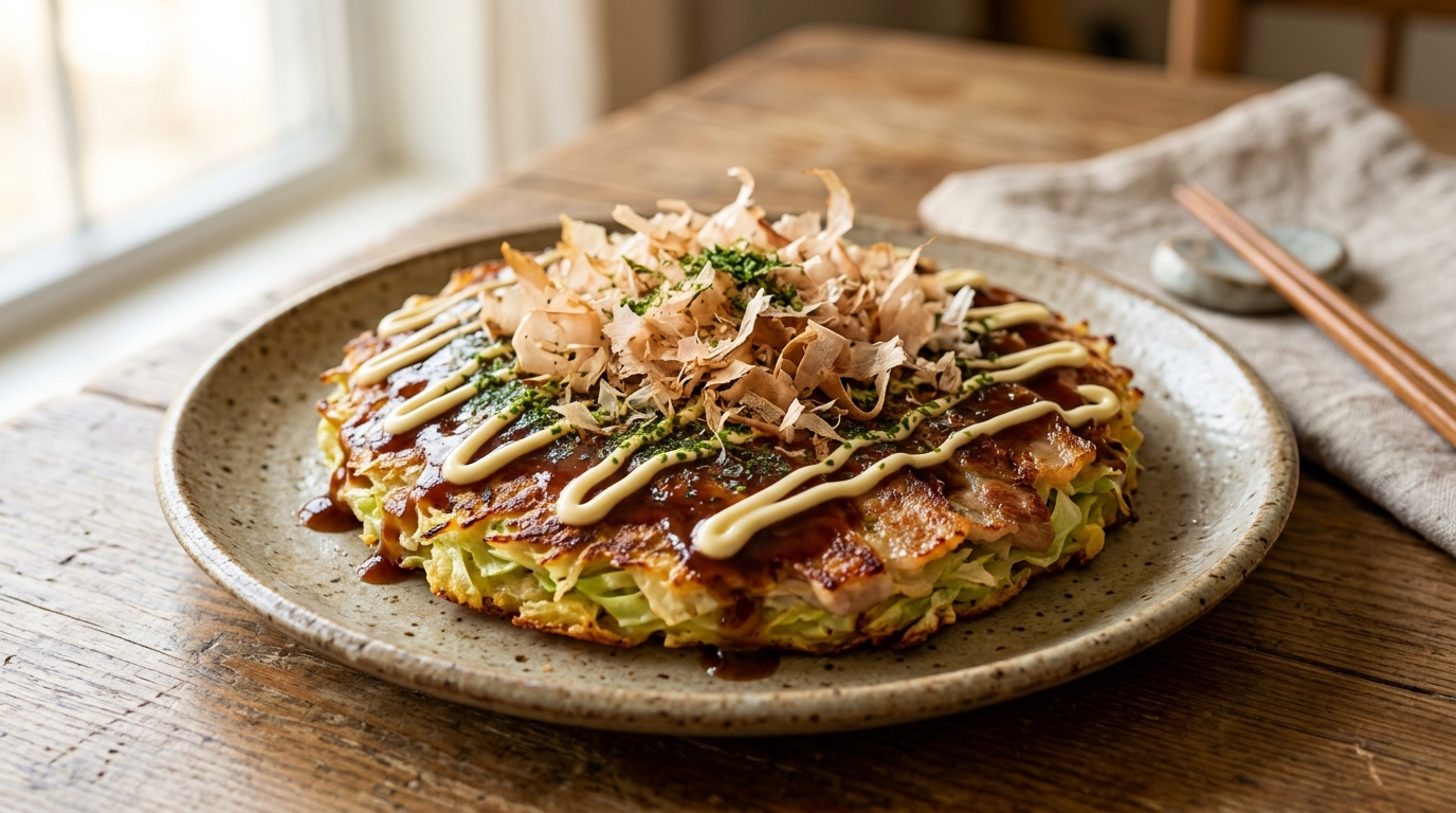 Japanischer Okonomiyaki-Pfannkuchen, beträufelt mit Soße und Mayonnaise, und tanzenden Bonitoflocken.