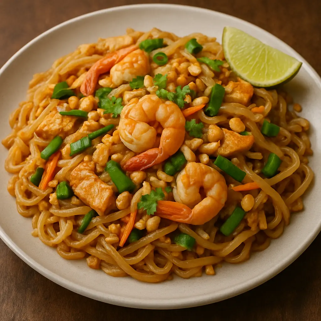 A vibrant plate of Pad Thai with shrimp, tofu, bean sprouts, and a lime wedge.