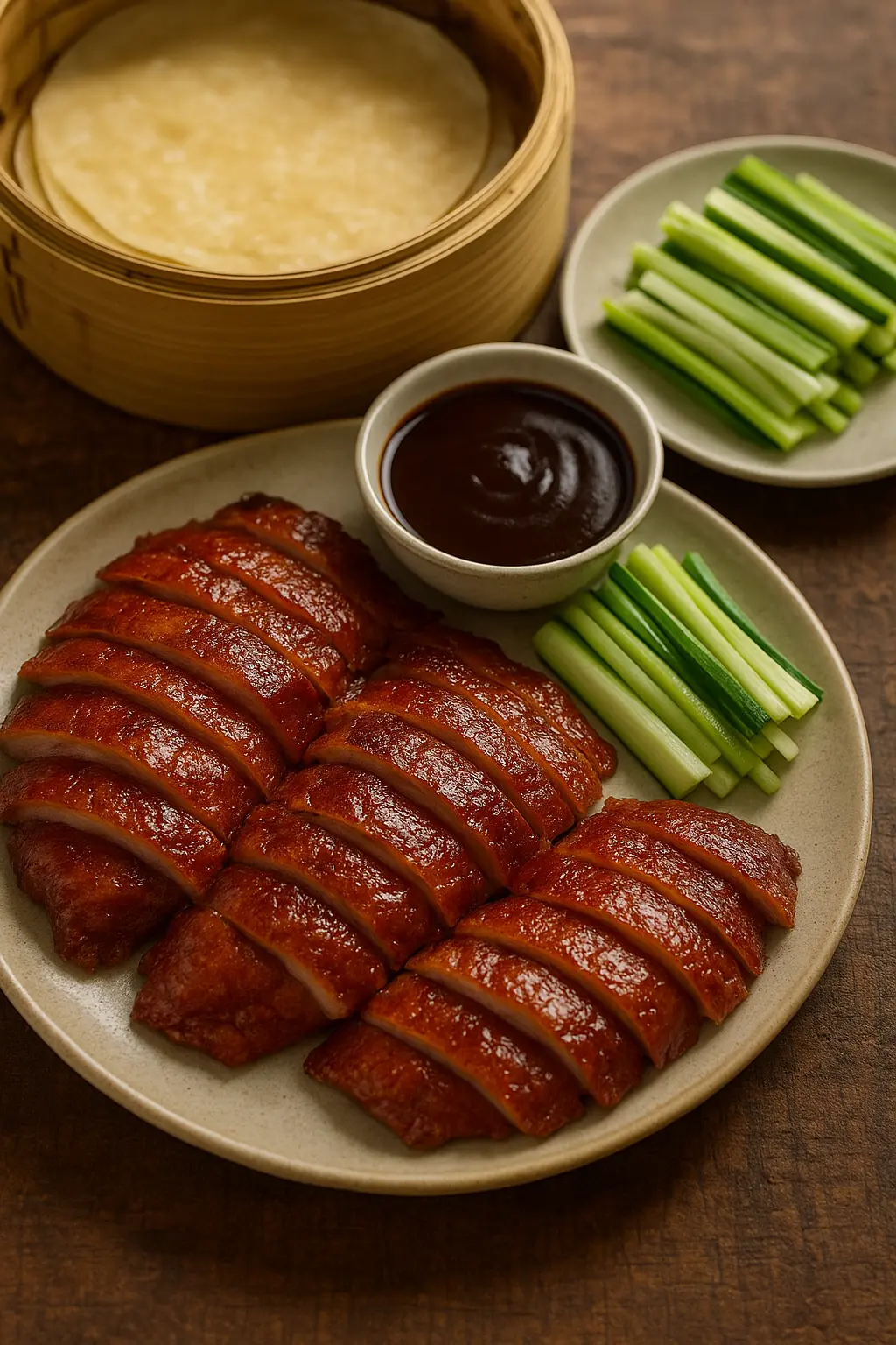 Un Pato Pekín perfectamente asado con piel brillante y crujiente, listo para ser trinchado.