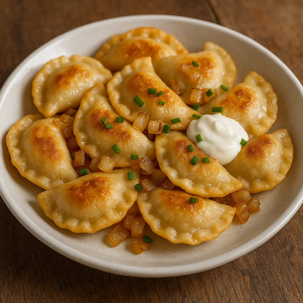 Un plato de pierogi fritos en sartén dorados con cebolla caramelizada y una guarnición de crema agria.