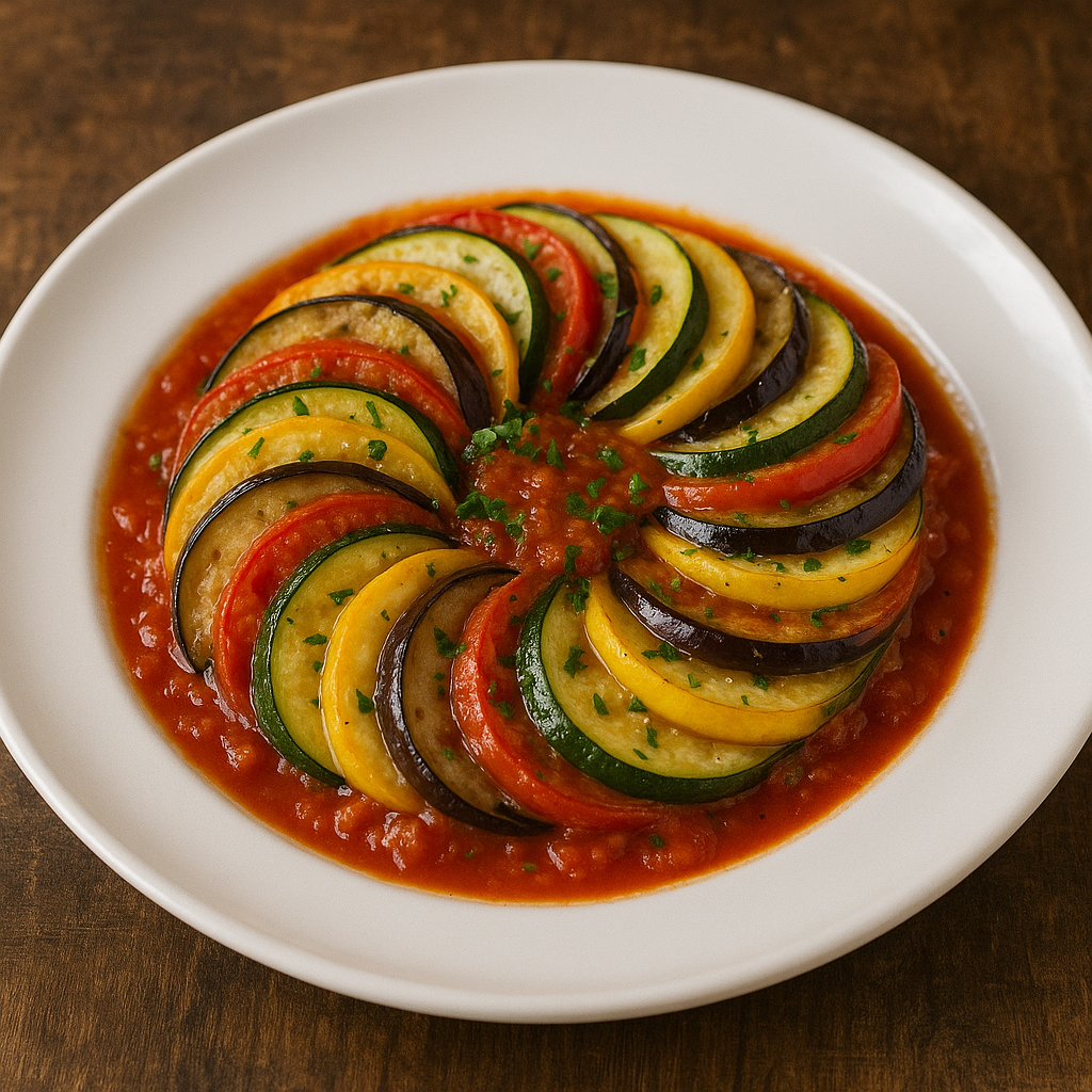 A beautiful spiral arrangement of thinly sliced eggplant, zucchini, and tomato for a classic ratatouille.