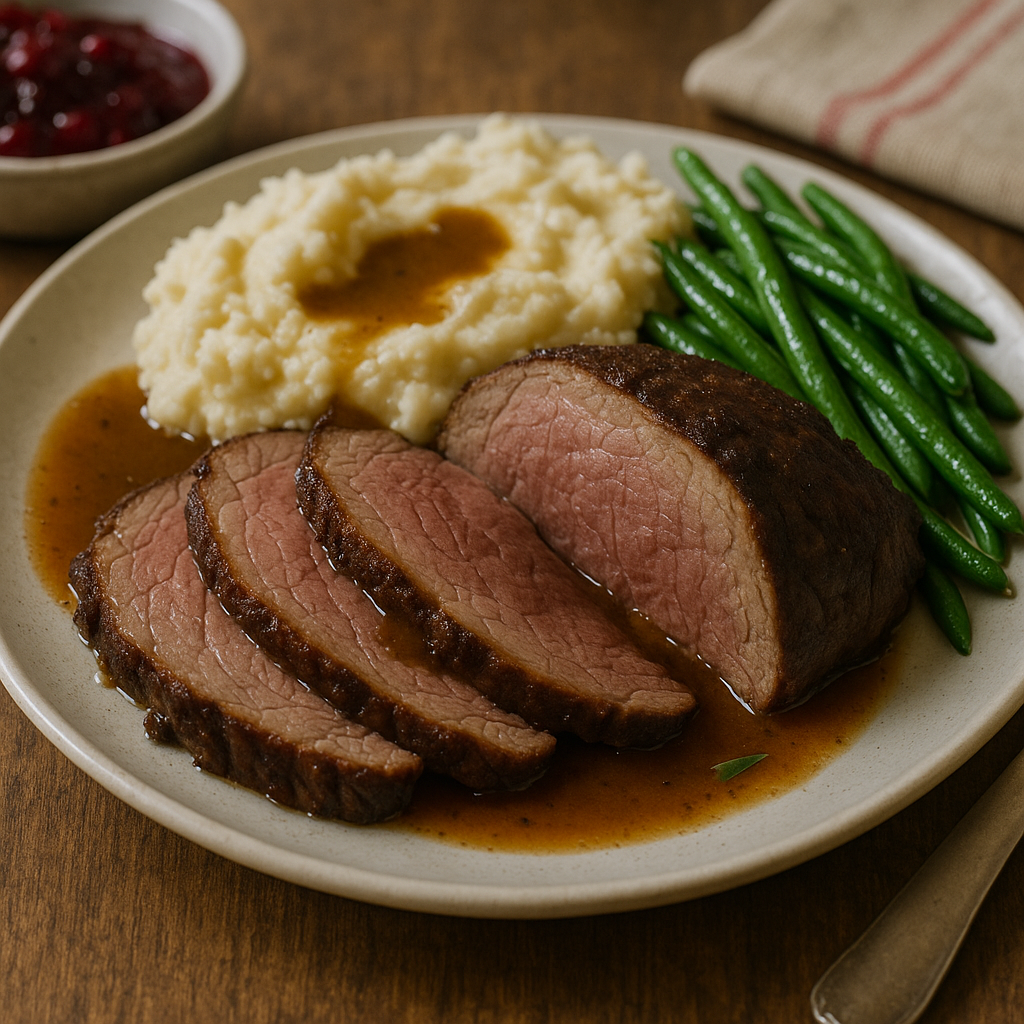 A perfectly roasted beef roast for Christmas dinner, sliced to reveal a juicy pink center, served with a rich brown gravy.