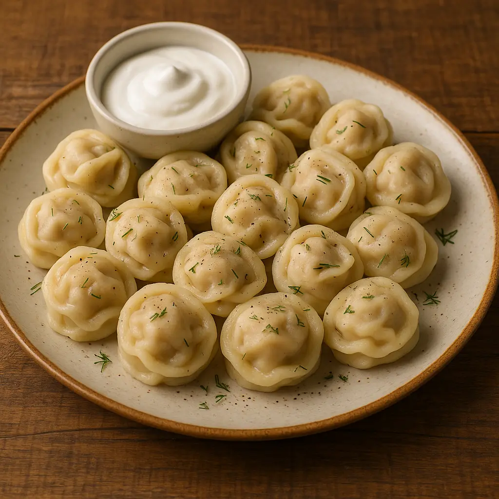 A bowl of Russian pelmeni dumplings with a side of sour cream.