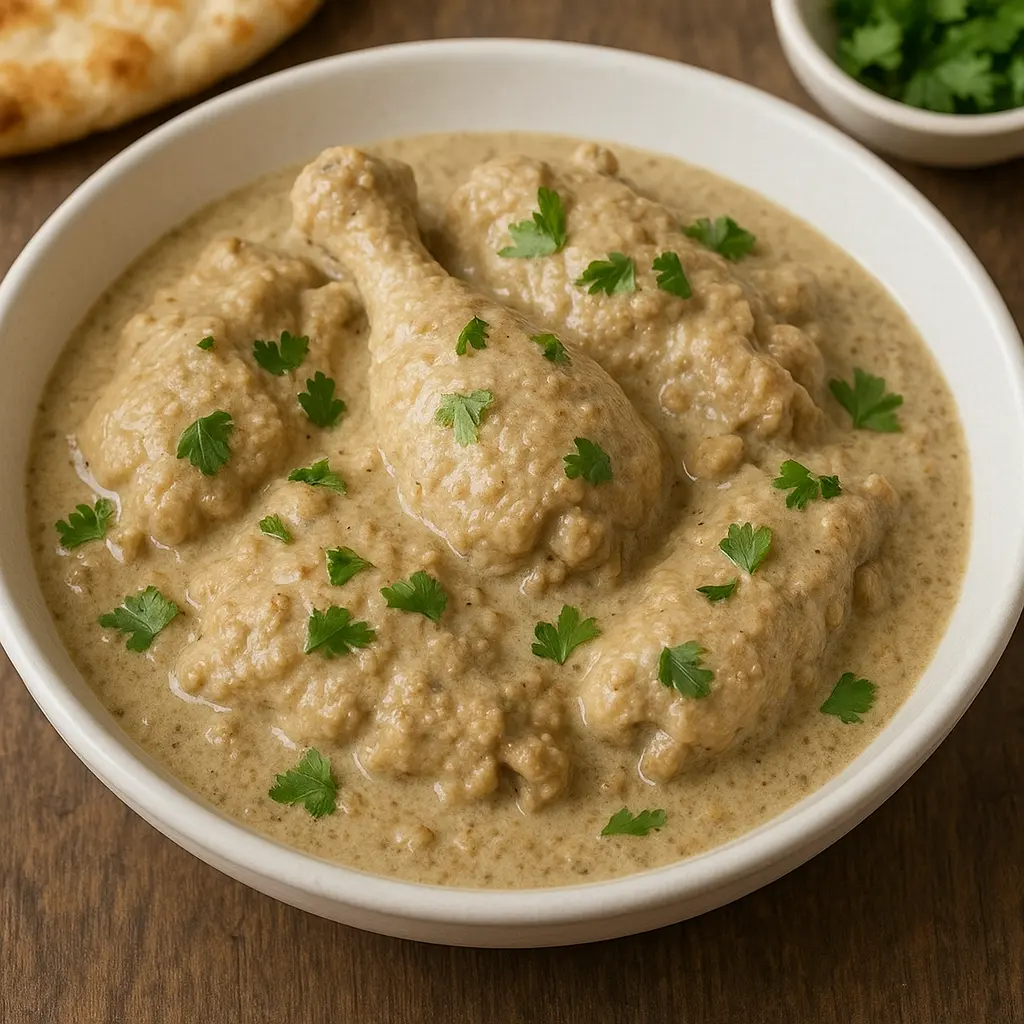 Un cuenco de Satsivi georgiano, con trozos de pollo en una salsa cremosa de nueces.