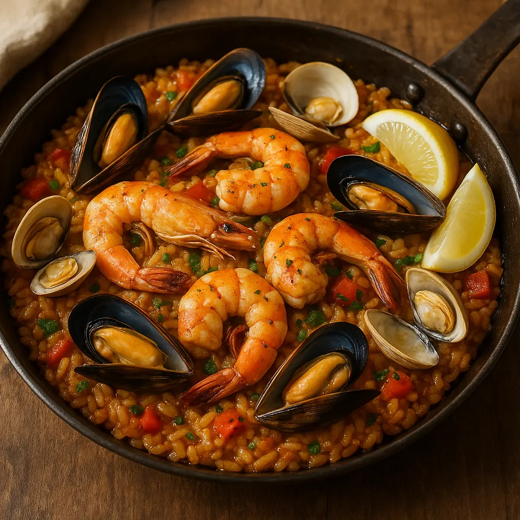 A large paella pan filled with yellow saffron rice, shrimp, mussels, and clams.