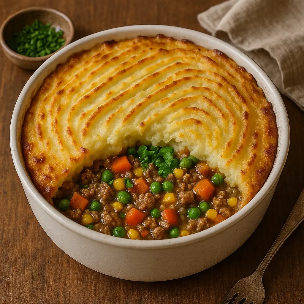 Un clásico pastel de carne de cordero con una cobertura de puré de patatas dorada.