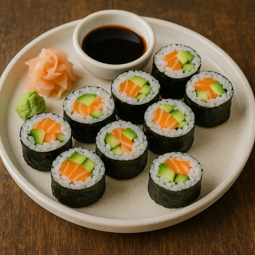 Una selección de diferentes tipos de rollos de sushi maki en un plato con wasabi y jengibre.