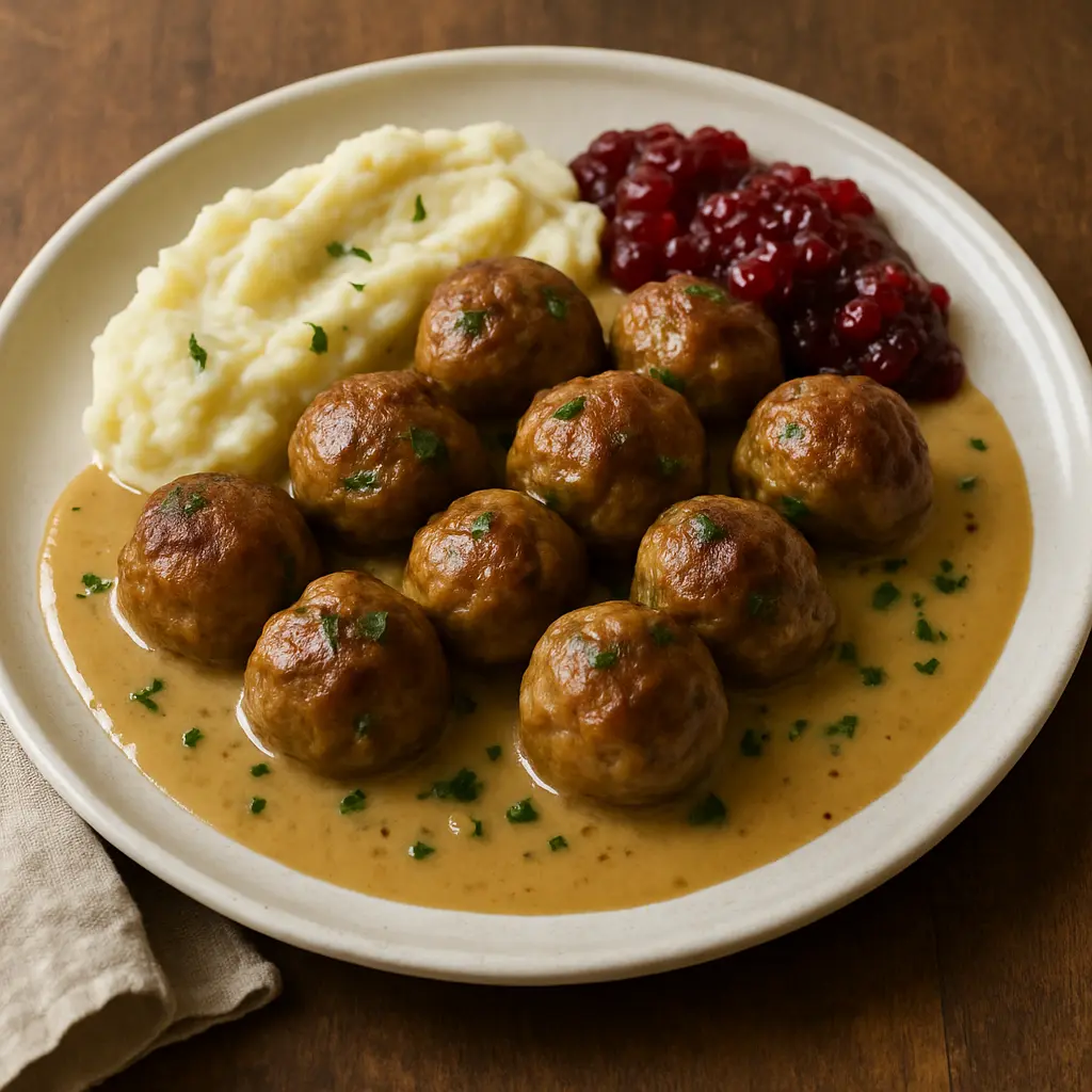 Un plato de albóndigas suecas cubiertas con una salsa cremosa, servidas con mermelada de arándanos rojos.